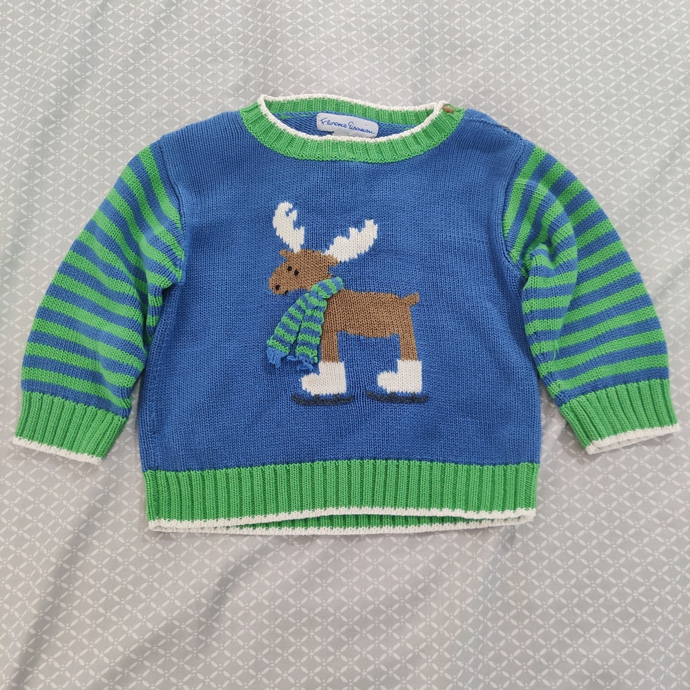 Florence Eiseman Blue and Green Knit Reindeer In Scarf And Skates Sweater 18 Mo